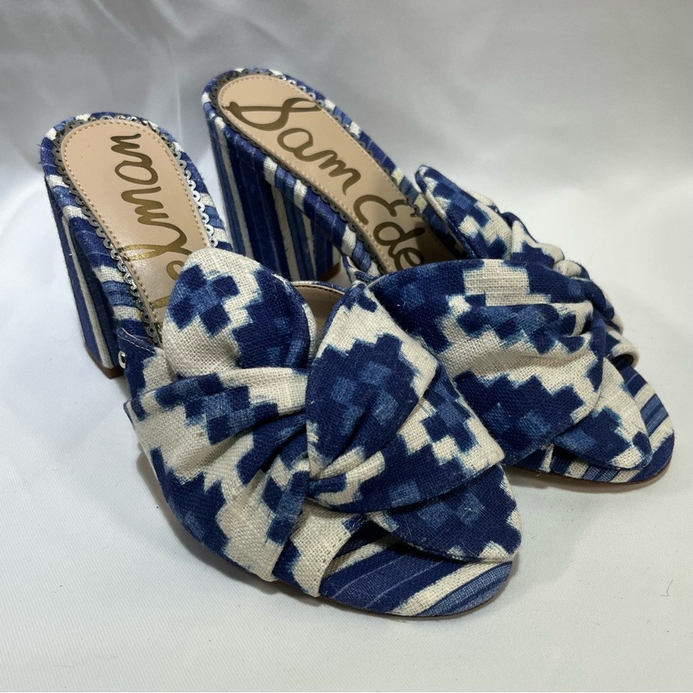 Sam Edelman Oda Ikat Print Blue & White Mules Block Heels Sandals Slides NEW